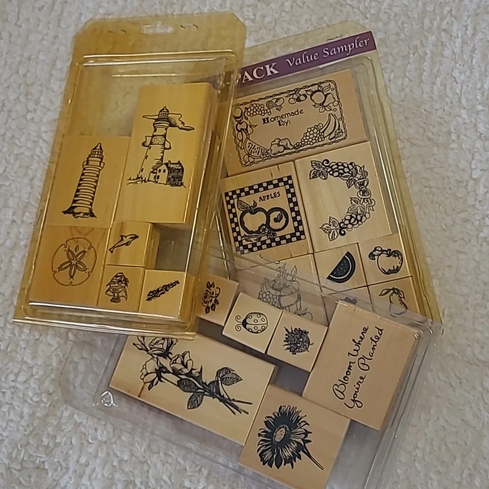 20 Wooden Stamps Lighthouse Seashells Fruit Flowers Bloom Where You're Planted